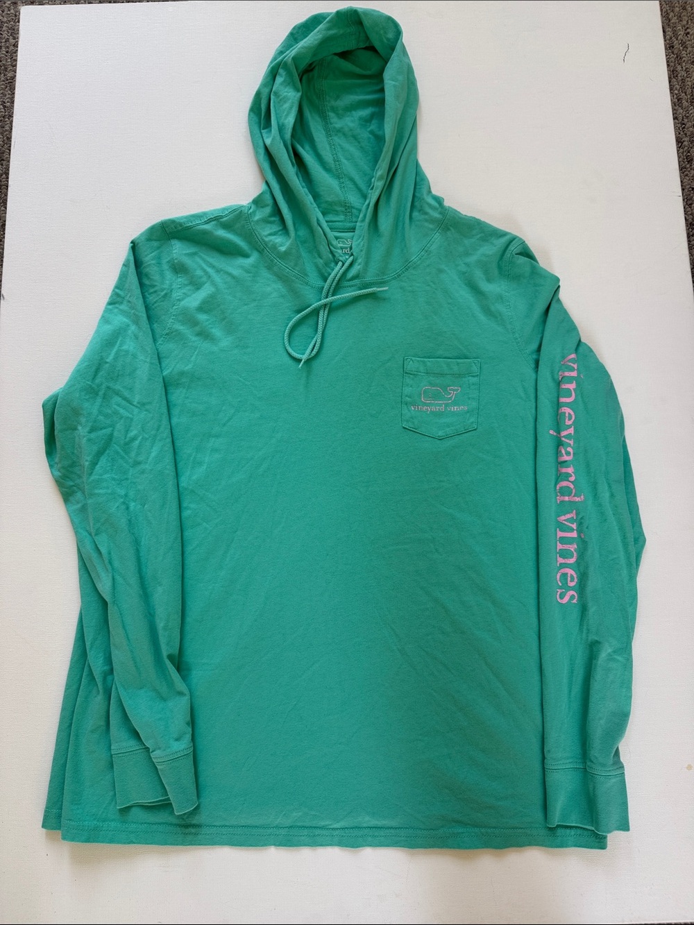 Vineyard Vines Teal Green Pocket Hoodie with Pink Sleeve Print